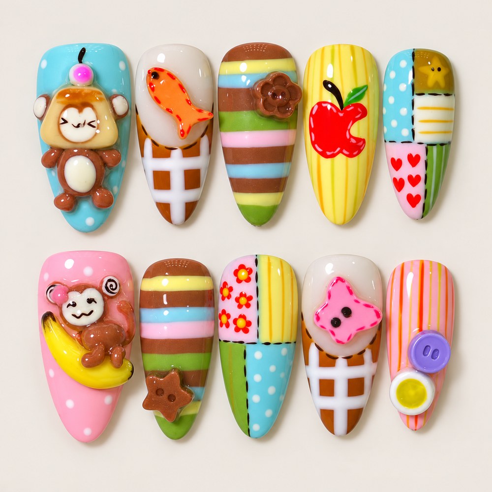 ACEGRIP Azure Monkey press-on nails in blue, yellow, pink, and brown, with monkey motifs, style HM5001