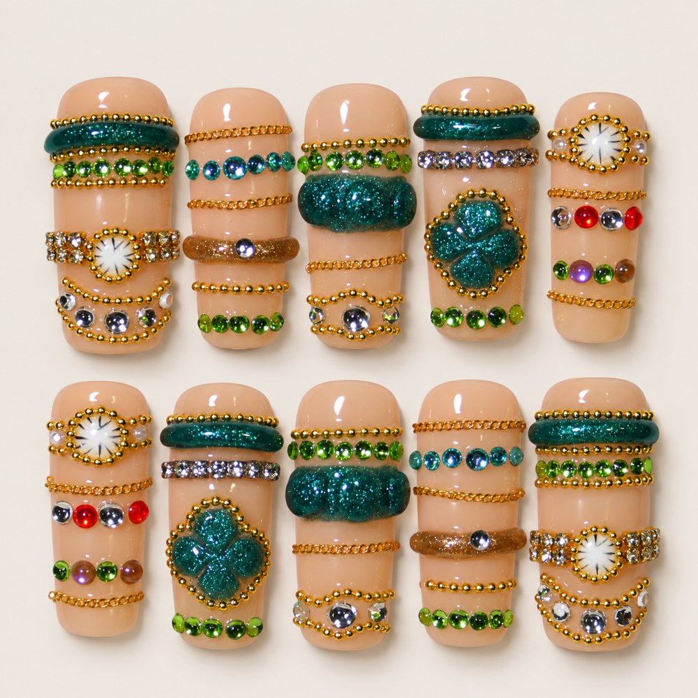 ACEGRIP Blush Rings Petals press-on nails in peach nude, green, and gold tones, with ring-like accents, style HM5004