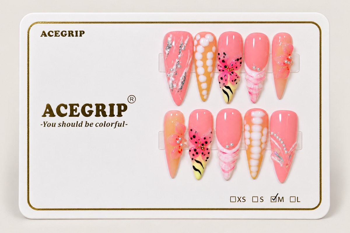 ACEGRIP Blush Blossom Sculpture, style HM5005, complete 10-nail set on its presentation card