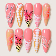 ACEGRIP Blush Blossom Sculpture press-on nails in peach nude, pink, and white, with floral accents, style HM5005