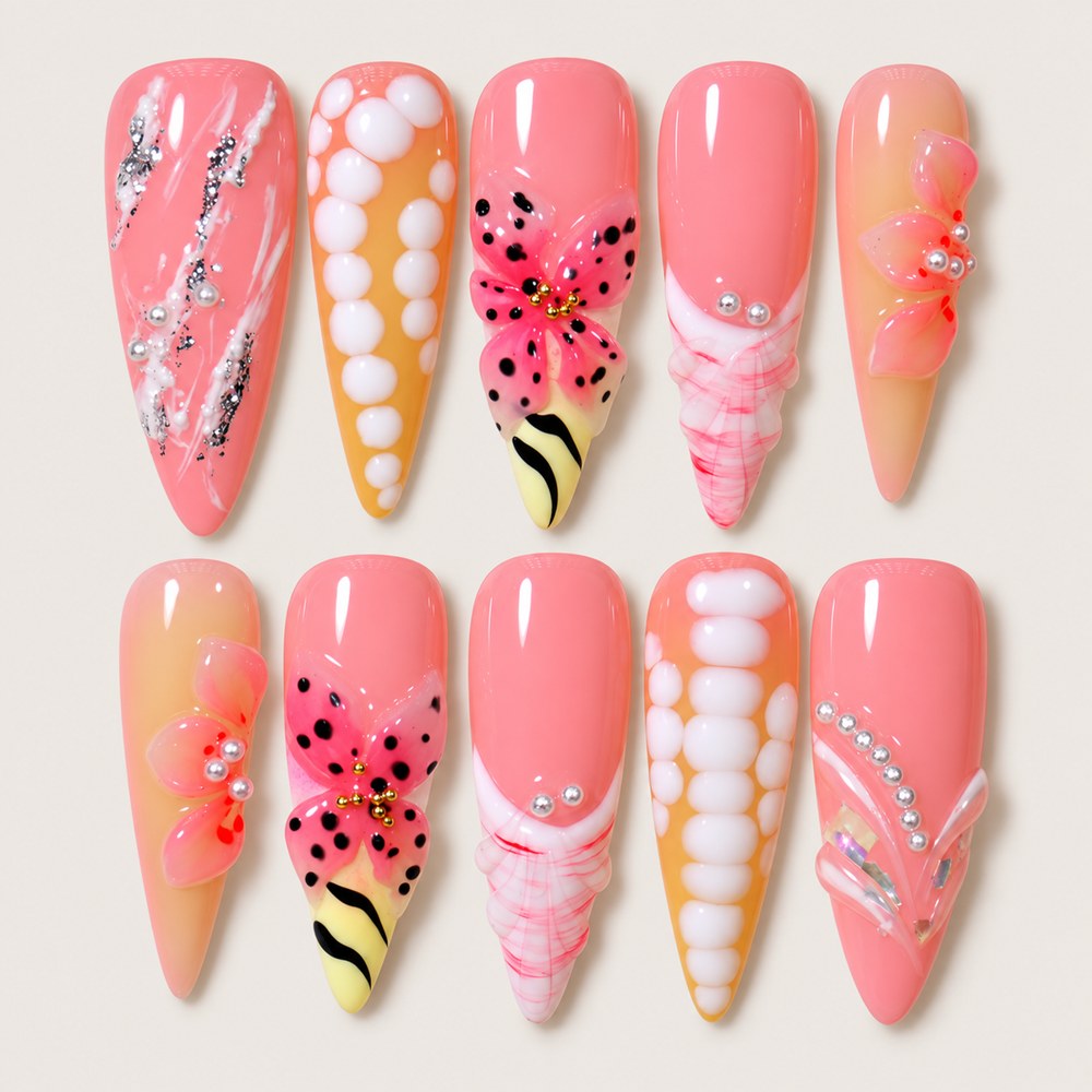 Blush Blossom Sculpture - Peach Nude Floral & Sculpted Texture Press-On Nails