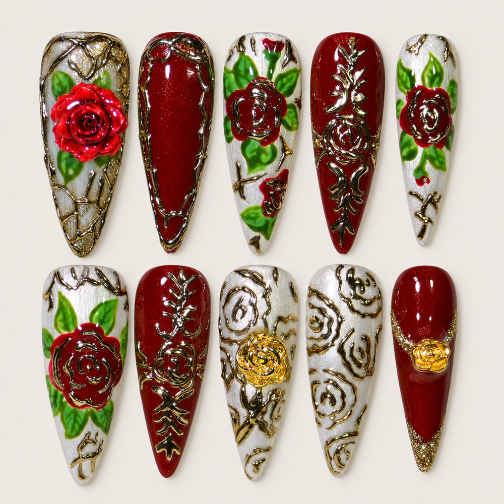 Scarlet Roses - Red Rose & Branch Press-On Nails