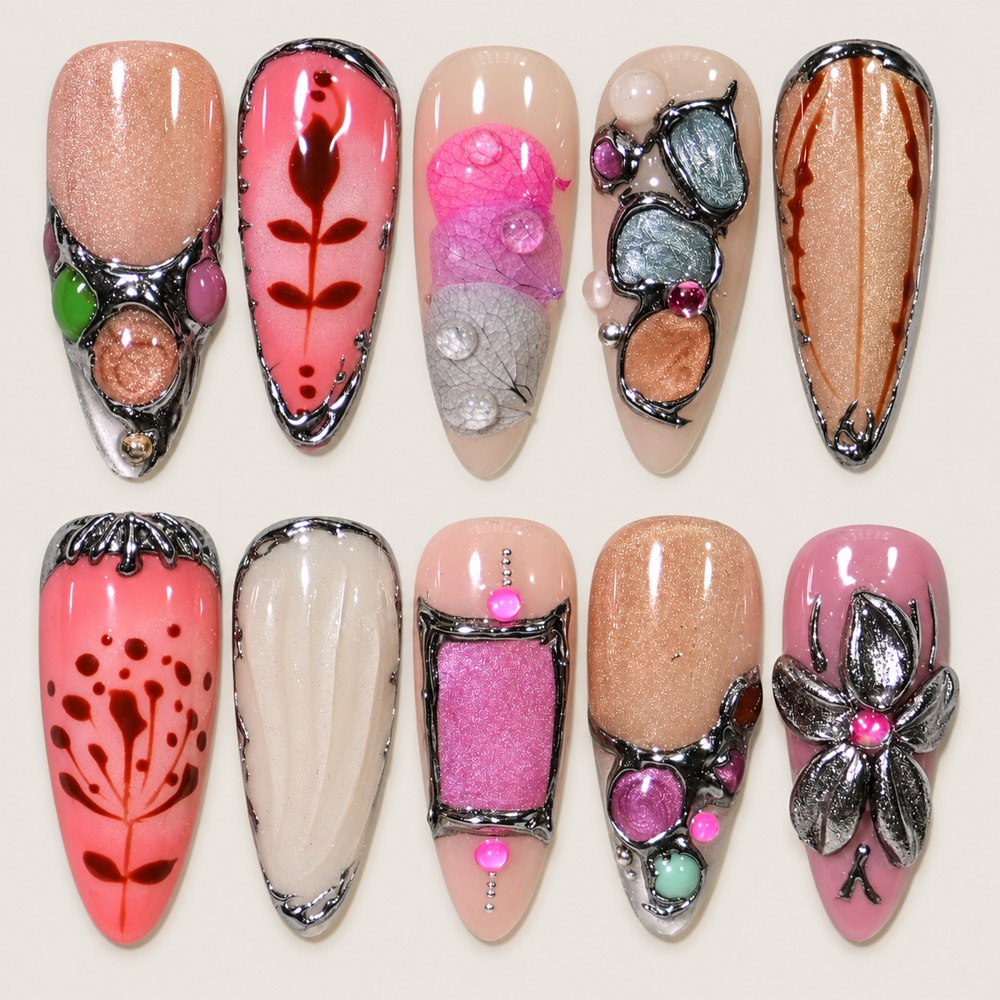 Blush Bloom Foliage - Peach Nude Floral & Leaf Press-On Nails