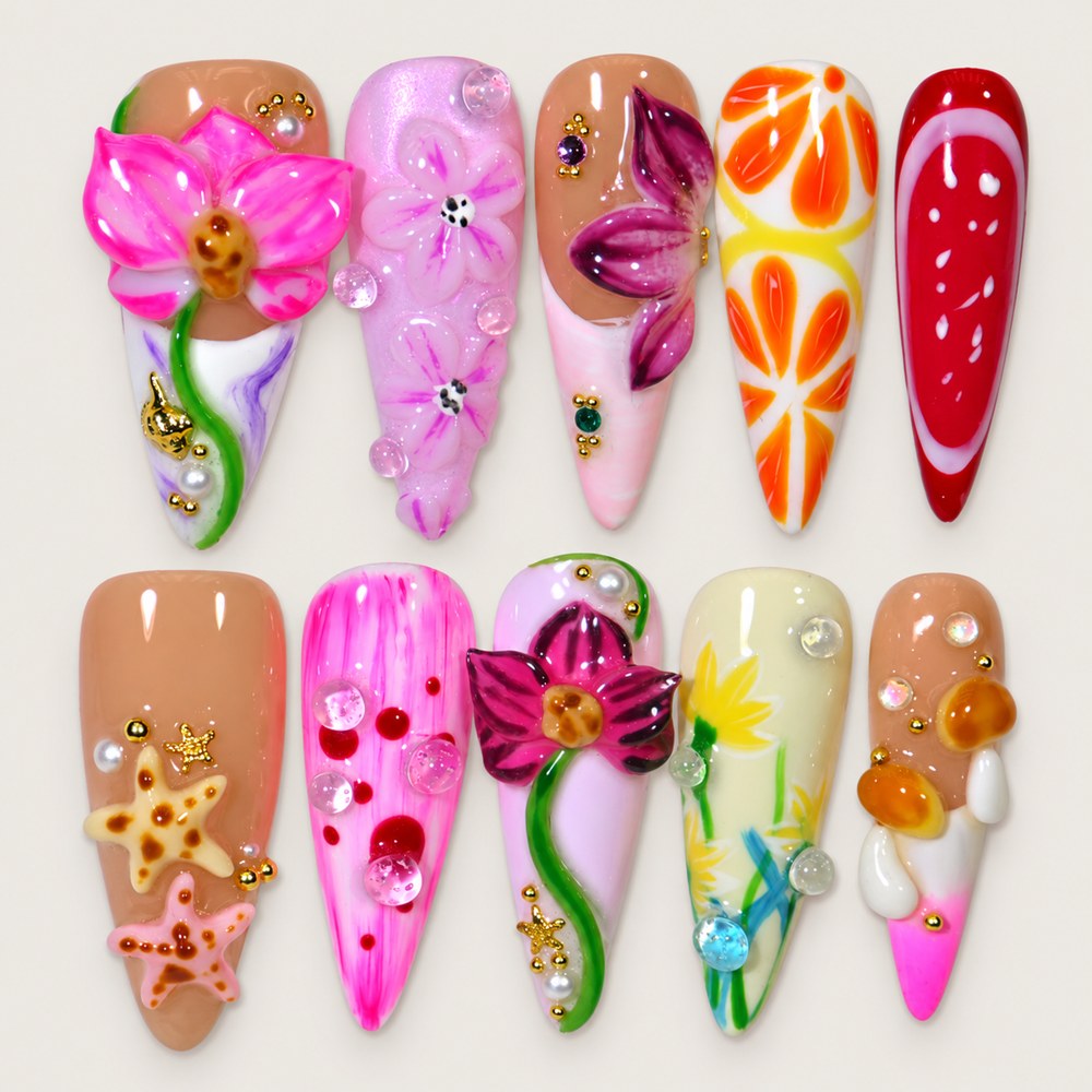 Blush Blossom Citrus - Peach Nude Floral & Citrus-Slice Press-On Nails