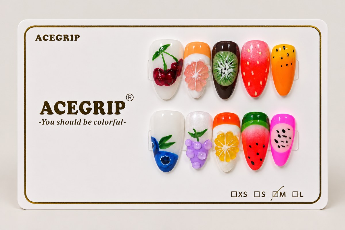 ACEGRIP Ivory Fruit Market, style HM5014, complete 10-nail set on its presentation card