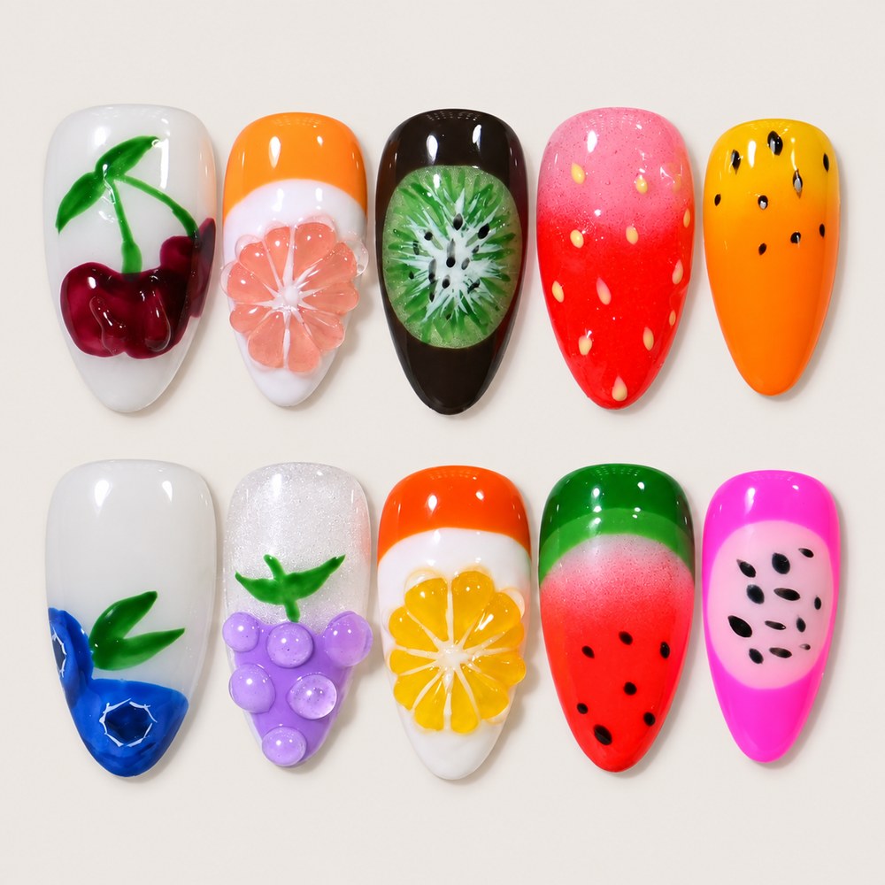ACEGRIP Ivory Fruit Market press-on nails in white, orange, red, and pink, with fruit motifs, style HM5014