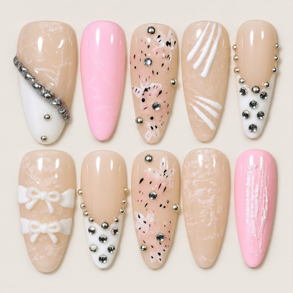 ACEGRIP Blush Linework press-on nails in peach nude, pink, white, and silver tones, with fine linework, style HM5016
