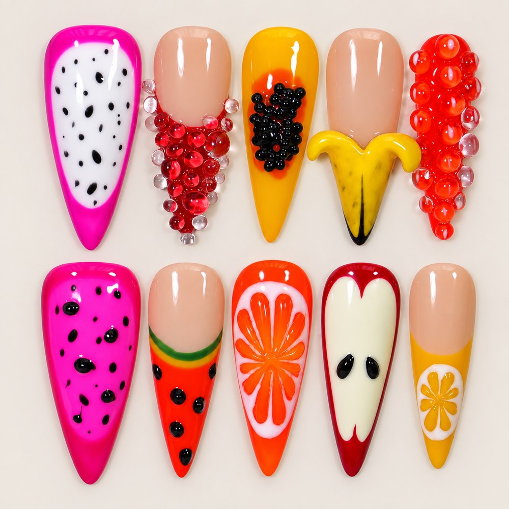 ACEGRIP Rose Fruit Market press-on nails in pink, peach nude, yellow, and red, with fruit motifs, style HM5020