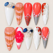 ACEGRIP Blush Check Bloom press-on nails in peach nude, white, red, and orange, with check and grid patterns, style HM5022