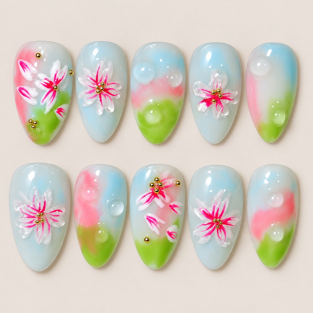 ACEGRIP Azure Petal Fade press-on nails in blue, pink, green, and white, with floral accents, style HM5024