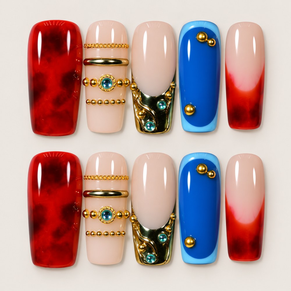ACEGRIP Scarlet French press-on nails in red, peach nude, blue, and gold tones, with French-tip color blocking, style HM5026