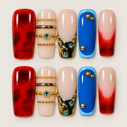 ACEGRIP Scarlet French press-on nails in red, peach nude, blue, and gold tones, with French-tip color blocking, style HM5026