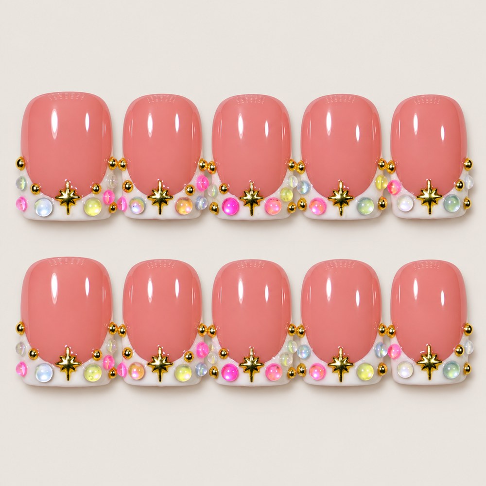ACEGRIP Rose French Pearls press-on nails in pink, white, and gold tones, with French-tip color blocking, style HM5027