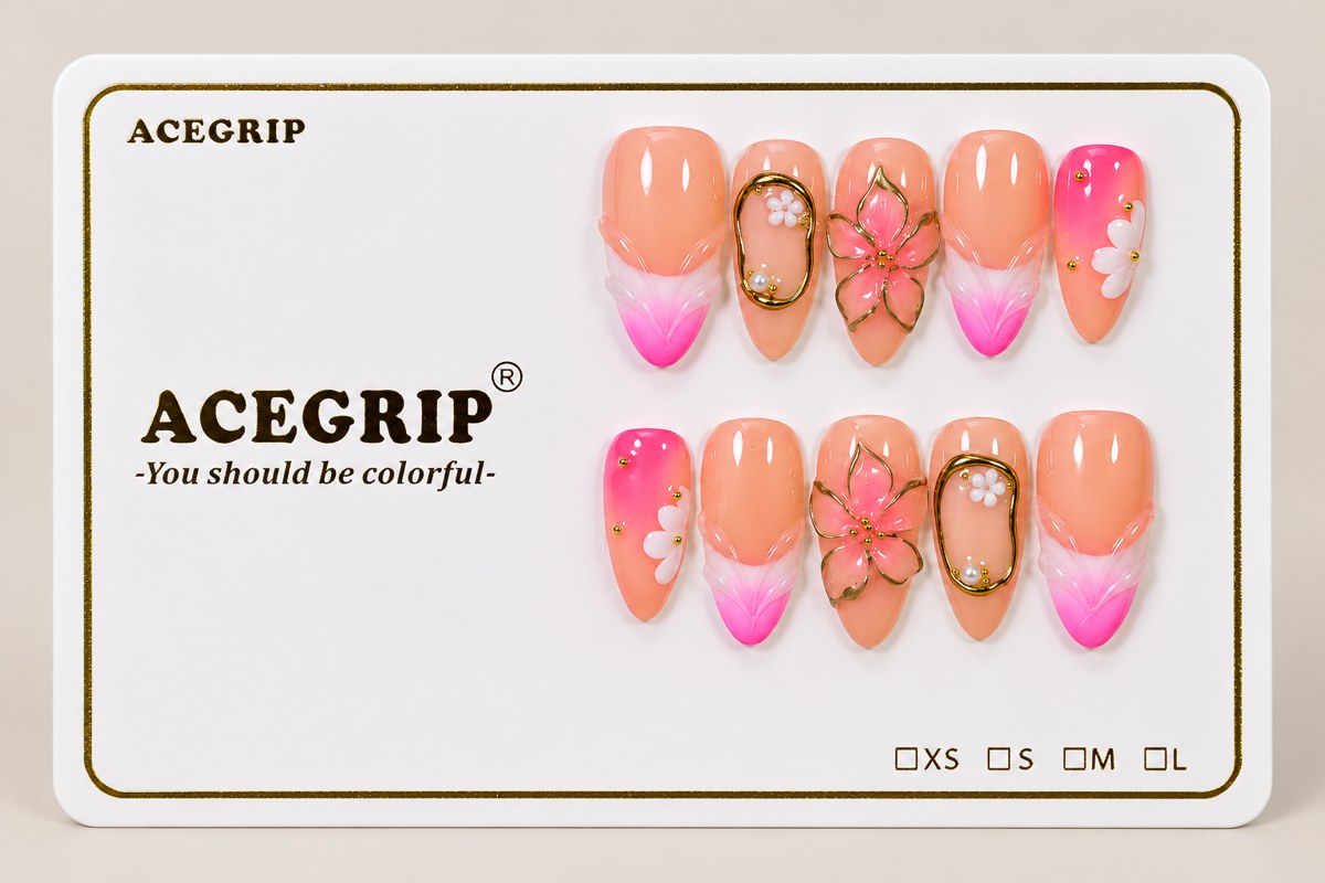 ACEGRIP Blush Bloom Cameo, style HM5028, complete 10-nail set on its presentation card