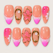 ACEGRIP Blush Bloom Cameo press-on nails in peach nude, pink, white, and gold tones, with floral accents, style HM5028