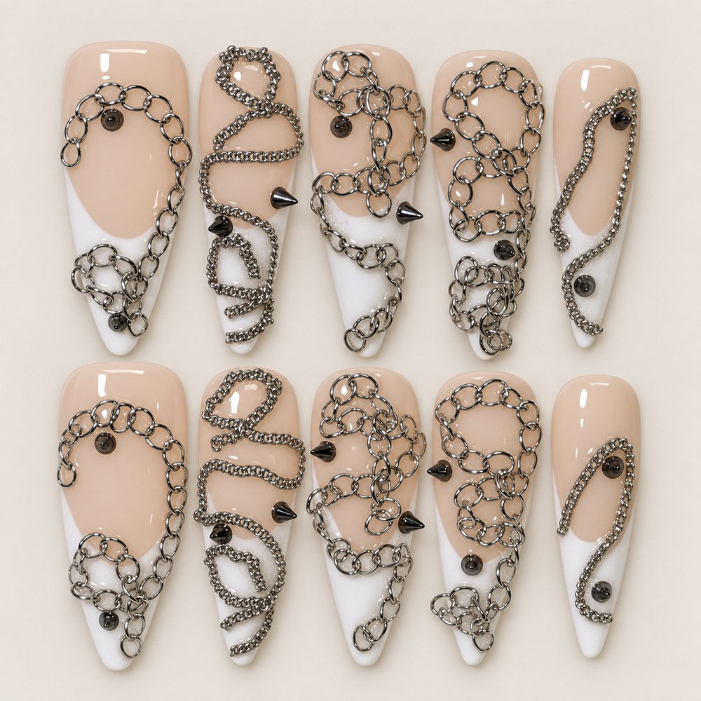ACEGRIP Blush Chain press-on nails in peach nude, white, and silver tones, with chain-like accents, style HM5029