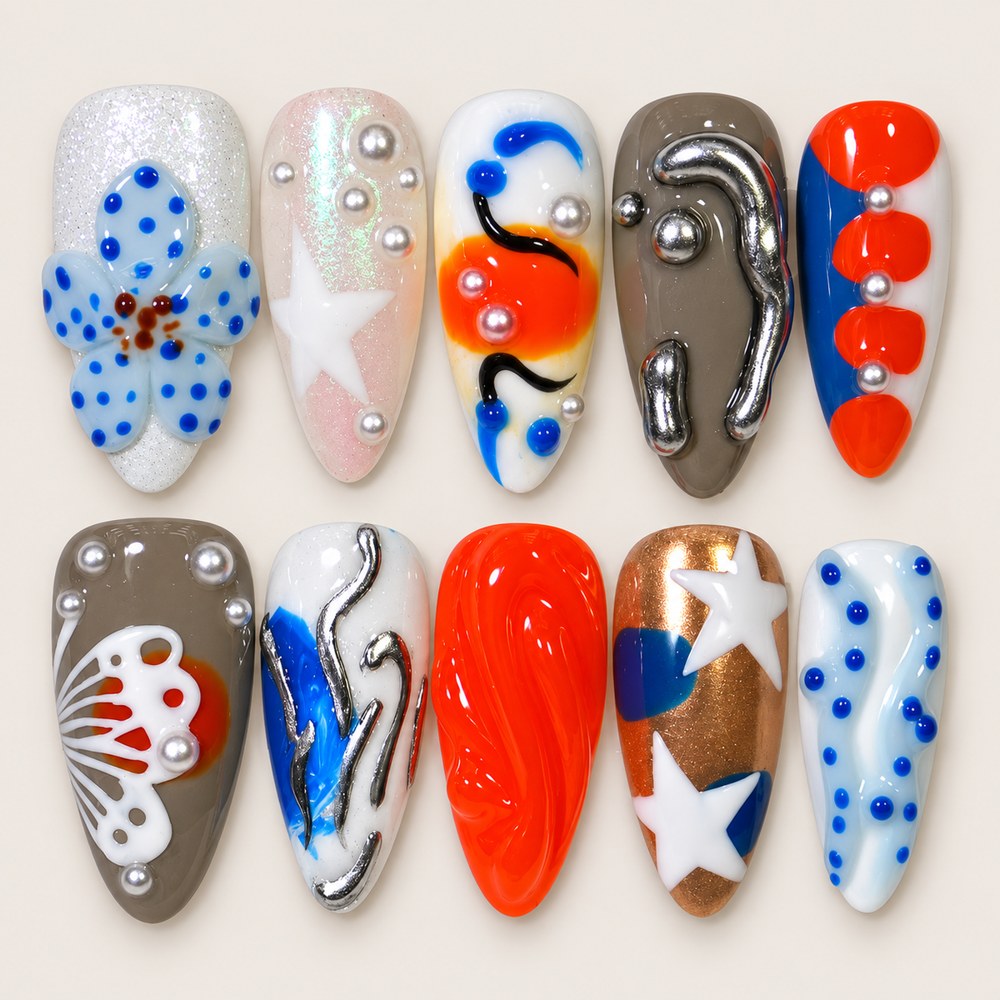ACEGRIP Ivory Dots press-on nails in white, blue, grey, and orange, with polka dots, style HM5031