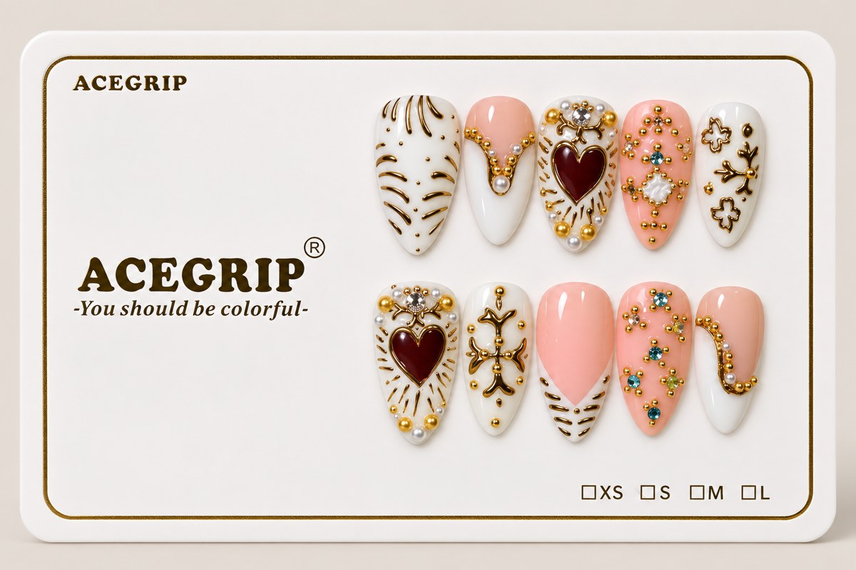 ACEGRIP Ivory Heart Linework, style HM5033, complete 10-nail set on its presentation card