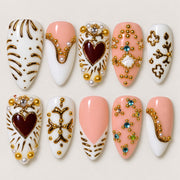 ACEGRIP Ivory Heart Linework press-on nails in white, peach nude, gold tones, and red, with heart motifs, style HM5033
