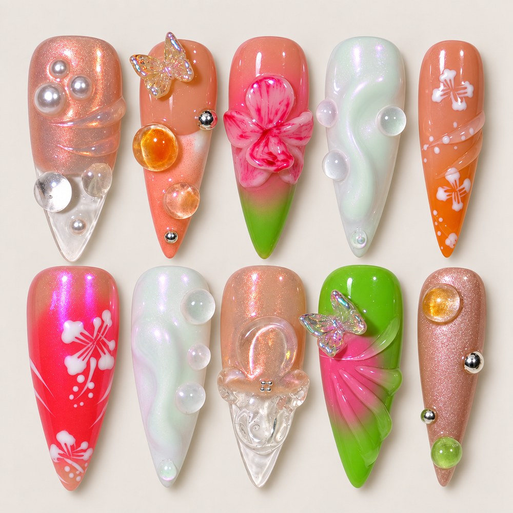 Blush Bubbles - Peach Nude Bubble & Butterfly Press-On Nails