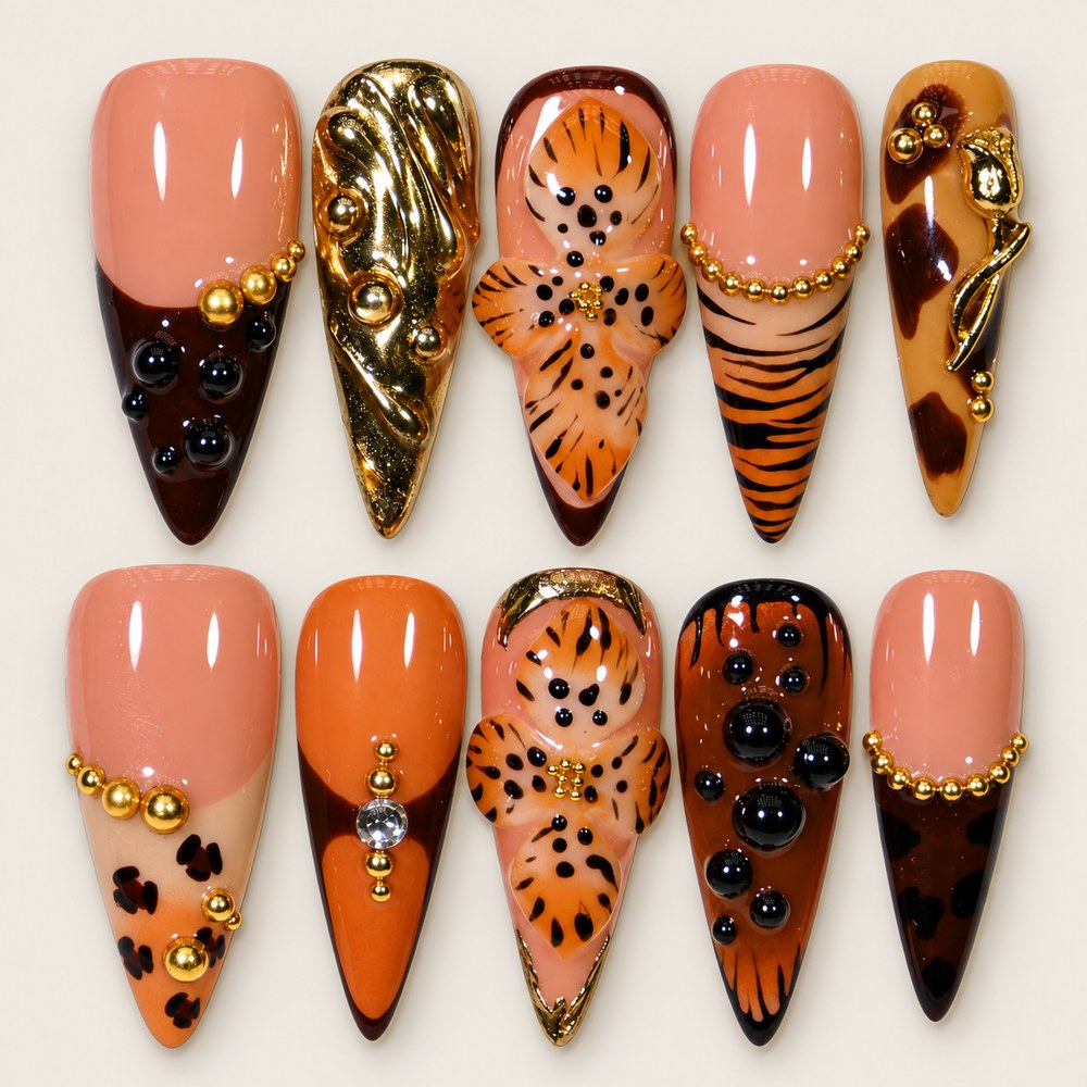 ACEGRIP Blush Spotted Zebra press-on nails in peach nude, black, orange, and gold tones, with leopard-like spots, style HM5038