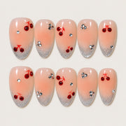 ACEGRIP Blush Cherry French press-on nails in peach nude, silver tones, and red, with cherry motifs, style HM5040