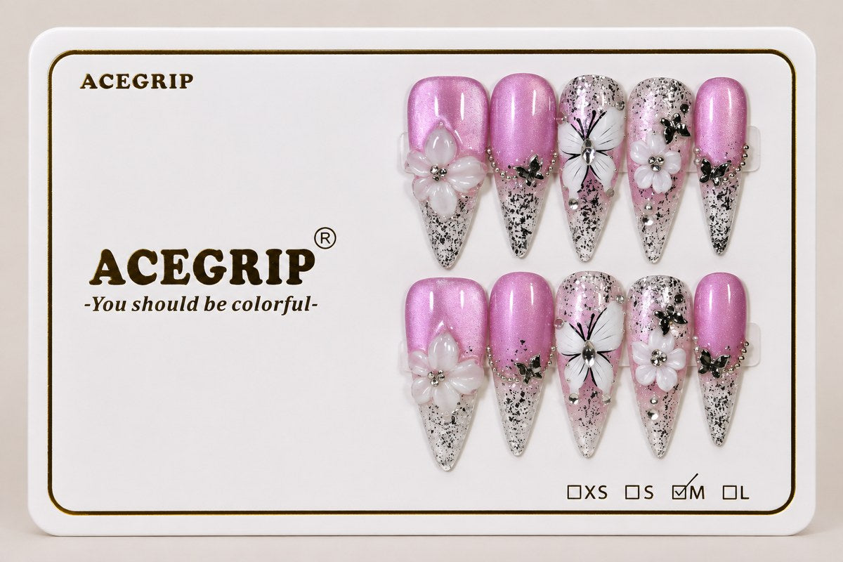 ACEGRIP Violet Petal French, style HM5043, complete 10-nail set on its presentation card