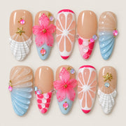 ACEGRIP Blush Garden Citrus press-on nails in peach nude, pink, white, and blue, with floral accents, style HM5044