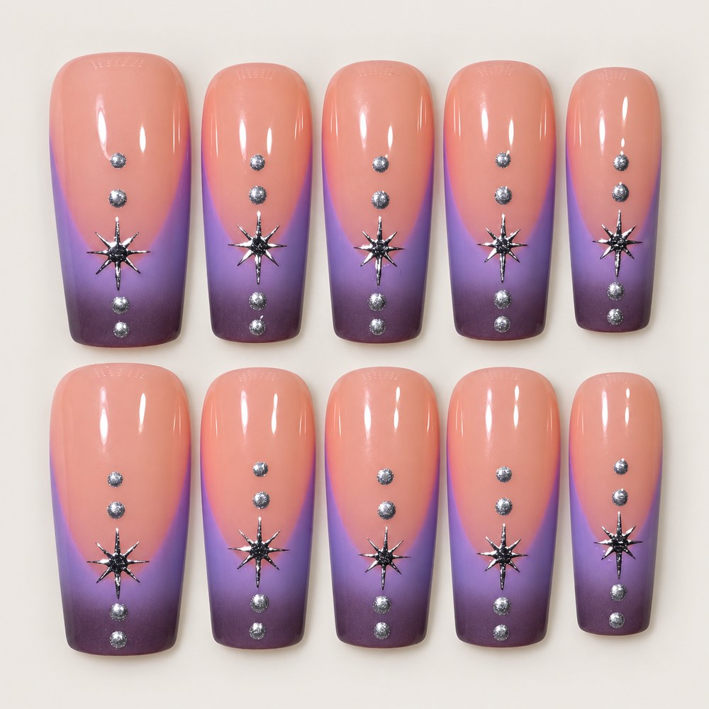 ACEGRIP Blush Fade Starlight press-on nails in peach nude, purple, and silver tones, with soft color gradients, style HM5045