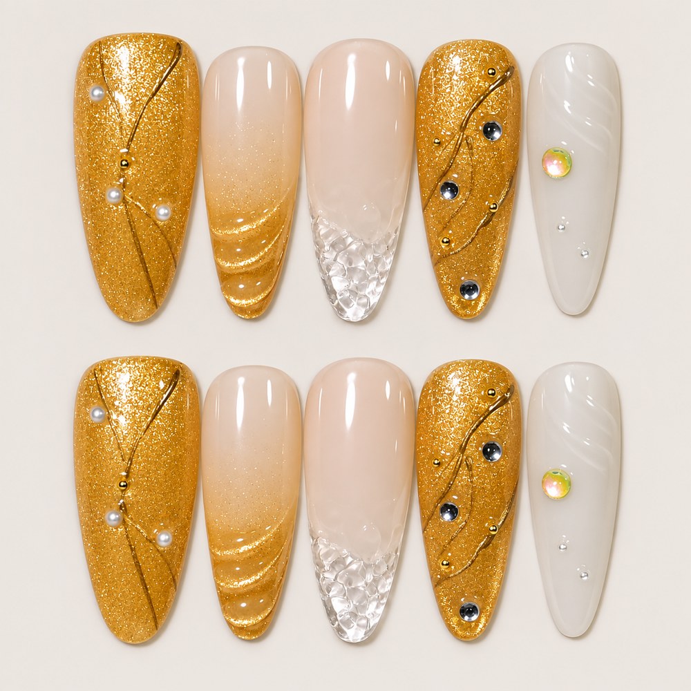 ACEGRIP Golden Sculpture press-on nails in gold tones, peach nude, and white, with ribbed sculptural accents, style HM5046