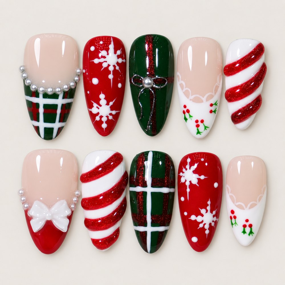ACEGRIP Blush Holiday press-on nails in peach nude, red, green, and white, with Christmas-themed accents, style HM5048