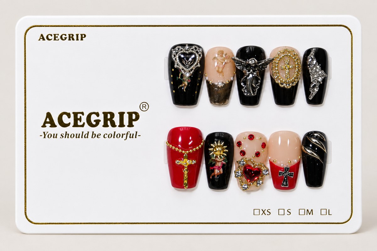 ACEGRIP Onyx Cross Hearts, style HM5049, complete 10-nail set on its presentation card