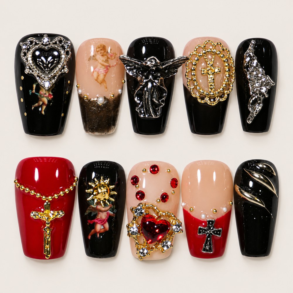 Onyx Cross Hearts - Black Cross & Heart Press-On Nails