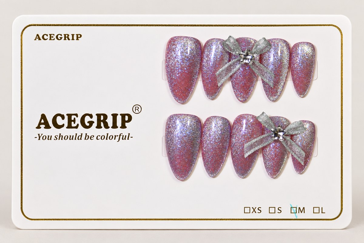 ACEGRIP Rose Silver Bow, style HM5051, complete 10-nail set on its presentation card