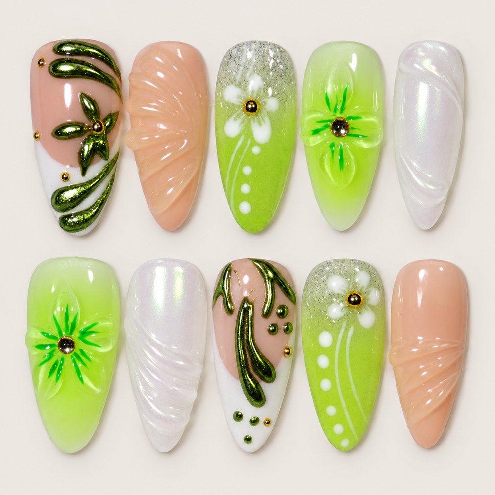 ACEGRIP Blush Blossom Branches press-on nails in peach nude, lime green, white, and green, with floral accents, style HM5057