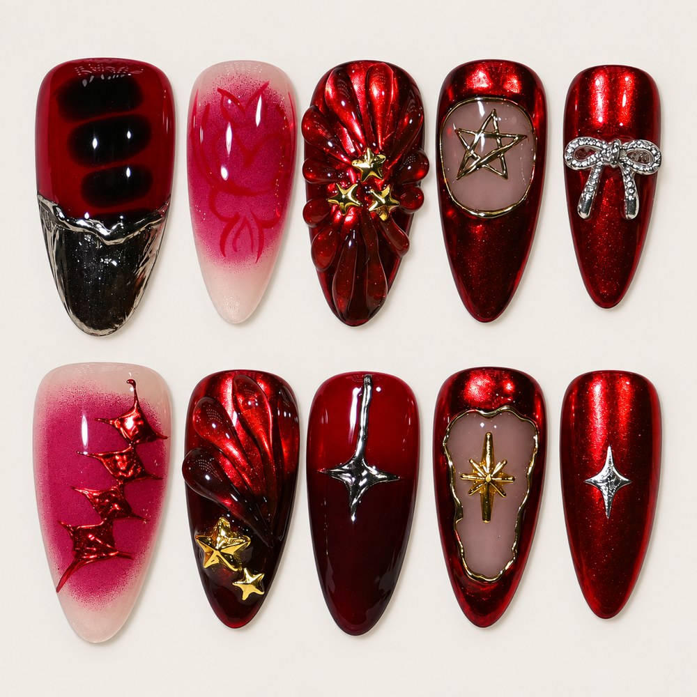 ACEGRIP Scarlet Garden press-on nails in red, peach nude, black, and silver tones, with floral accents, style HM5059