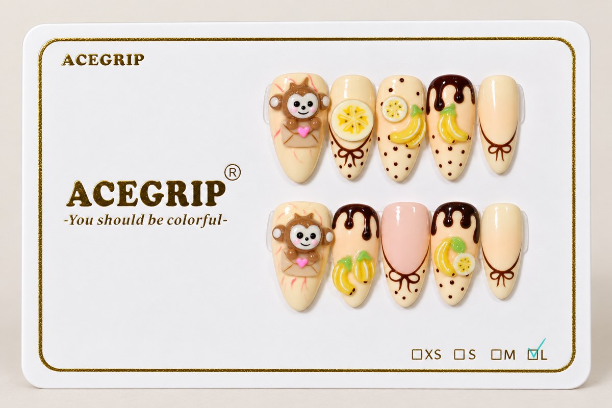 ACEGRIP Cream Monkey, style HM5060, complete 10-nail set on its presentation card