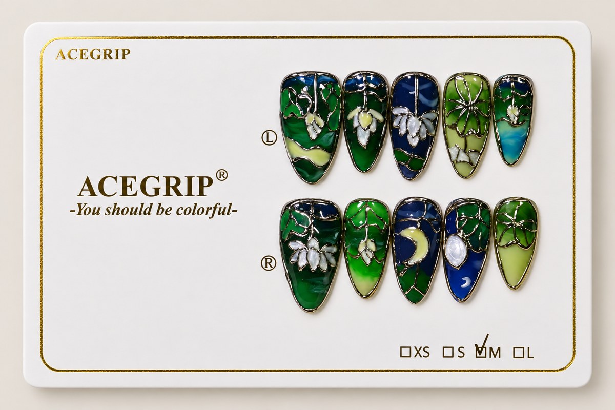 ACEGRIP Midnight Blossoms, style HM5065, complete 10-nail set on its presentation card