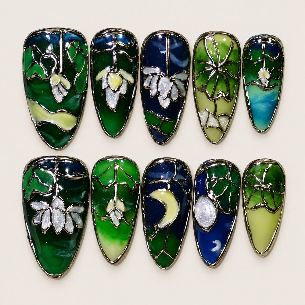 Midnight Blossoms - Navy Blue Floral & Crescent-Moon Press-On Nails