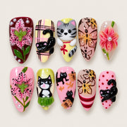 ACEGRIP Rose Cat Café press-on nails in pink, red, peach nude, and black, with cat motifs, style JH13001