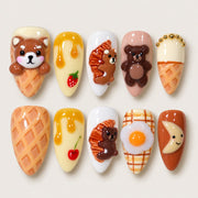 ACEGRIP Blush Companions Candy press-on nails in peach nude, brown, white, and yellow, with animal accents, style JH13006