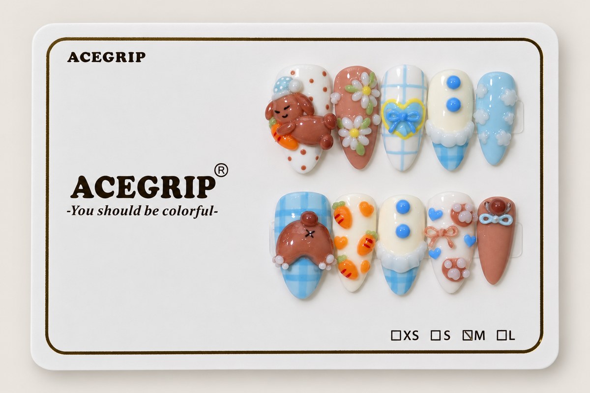 ACEGRIP Azure Companions Petals, style JH13008, complete 10-nail set on its presentation card