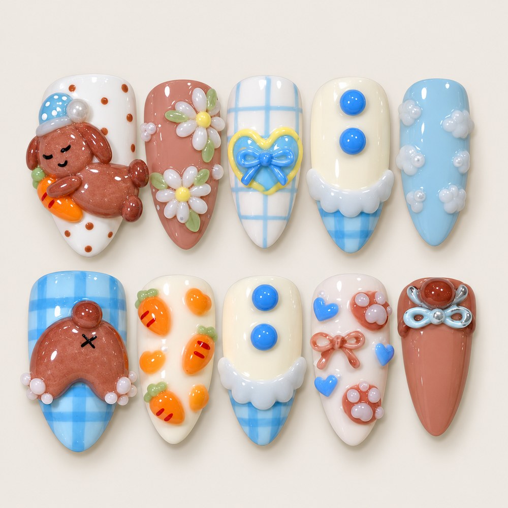 ACEGRIP Azure Companions Petals press-on nails in blue, peach nude, white, and brown, with animal accents, style JH13008