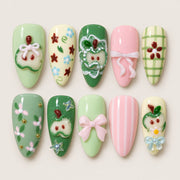 ACEGRIP Mint Orchard press-on nails in mint green, pink, and white, with apple motifs, style JH13009