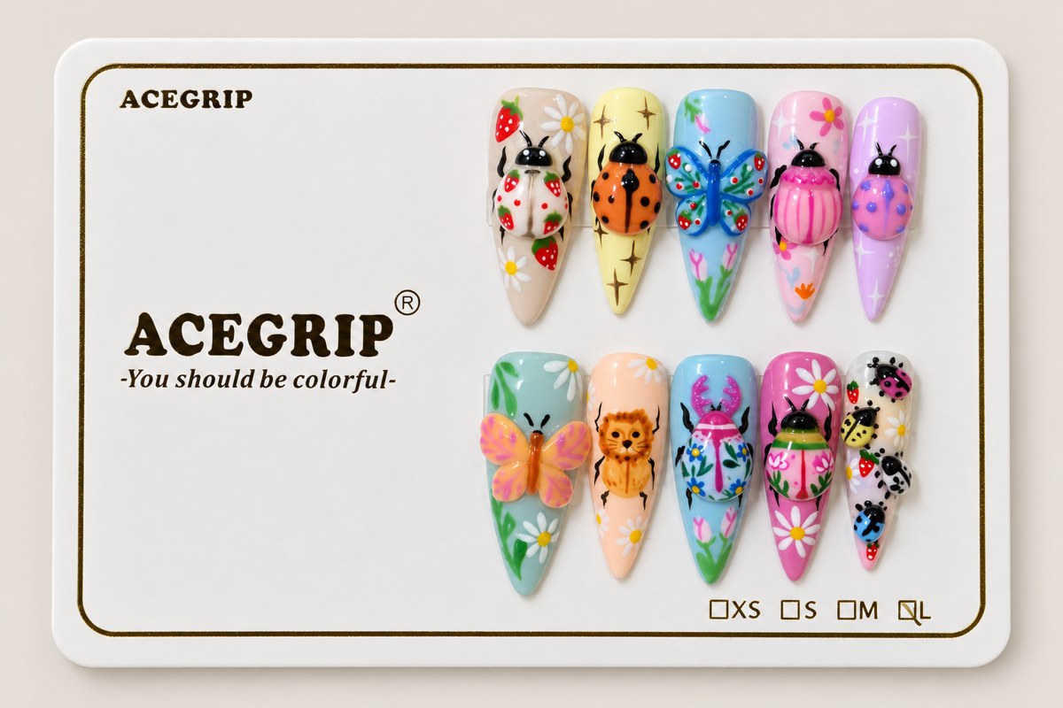 ACEGRIP Ivory Insect Garden, style JH13013, complete 10-nail set on its presentation card