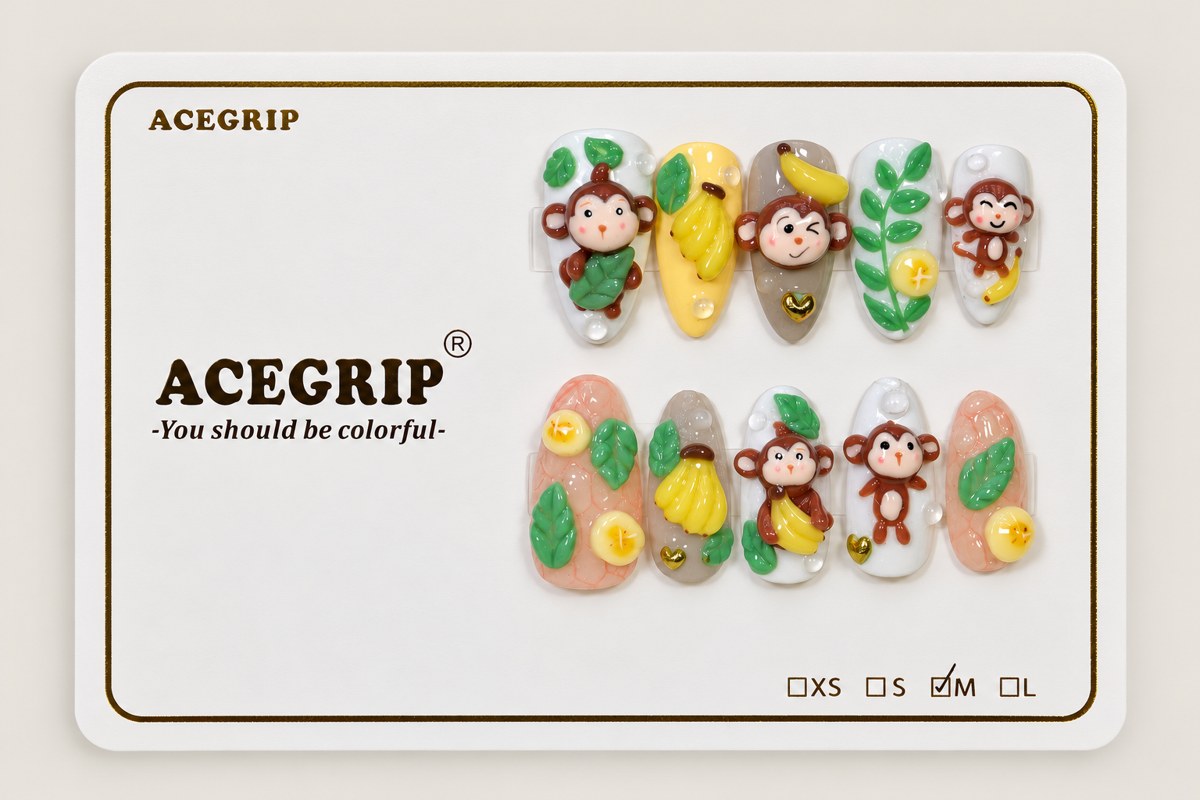 ACEGRIP Blush Monkey Leaves, style JH13014, complete 10-nail set on its presentation card