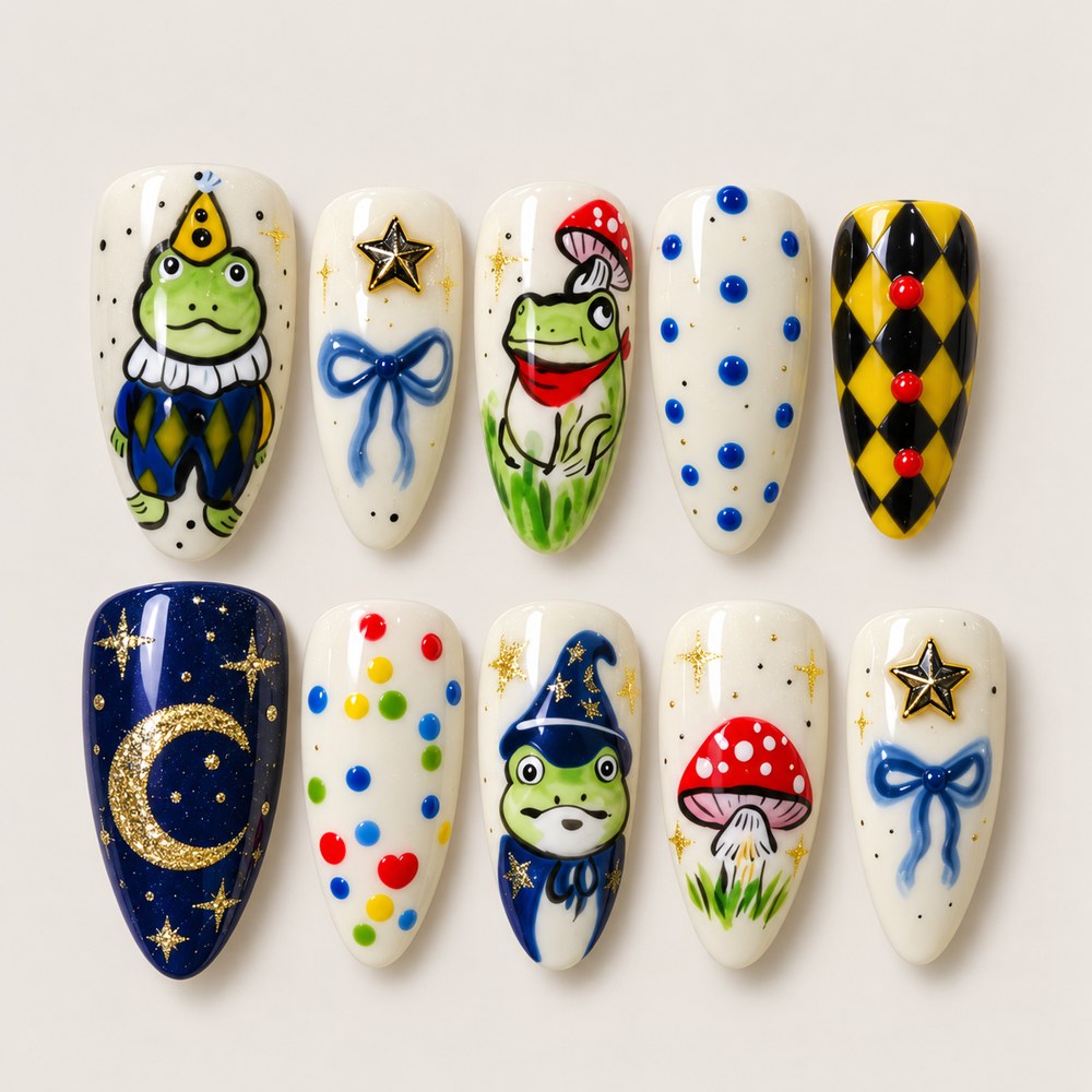 ACEGRIP Cream Frog Pond Mushroom press-on nails in cream, blue, yellow, and red, with frog motifs, style JH13015