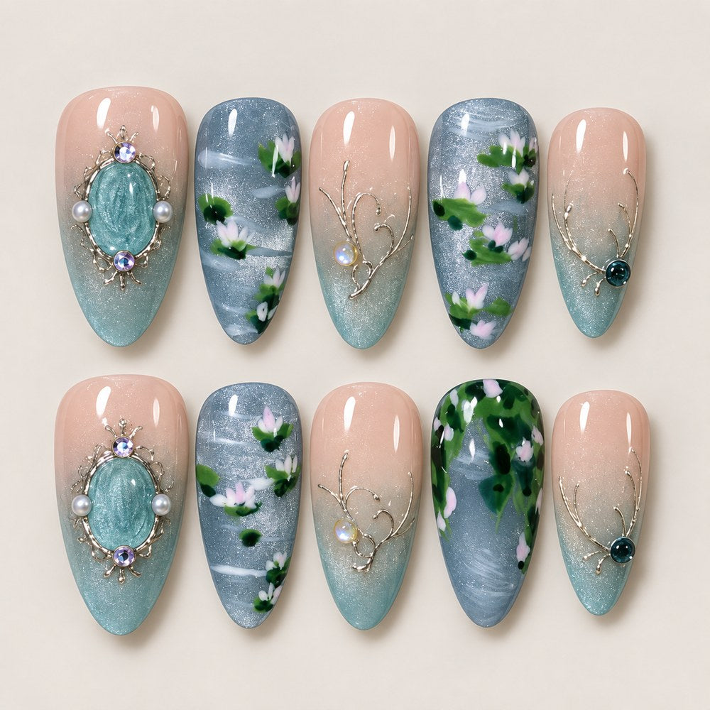 ACEGRIP Blush Blossom Cameo press-on nails in peach nude, blue, grey, and silver tones, with floral accents, style JH13018