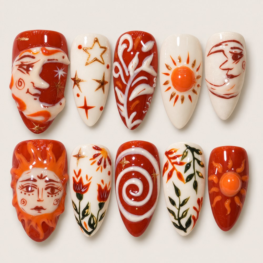 ACEGRIP Terracotta Sky press-on nails in red, cream, and orange, with sun motifs, style JH13020