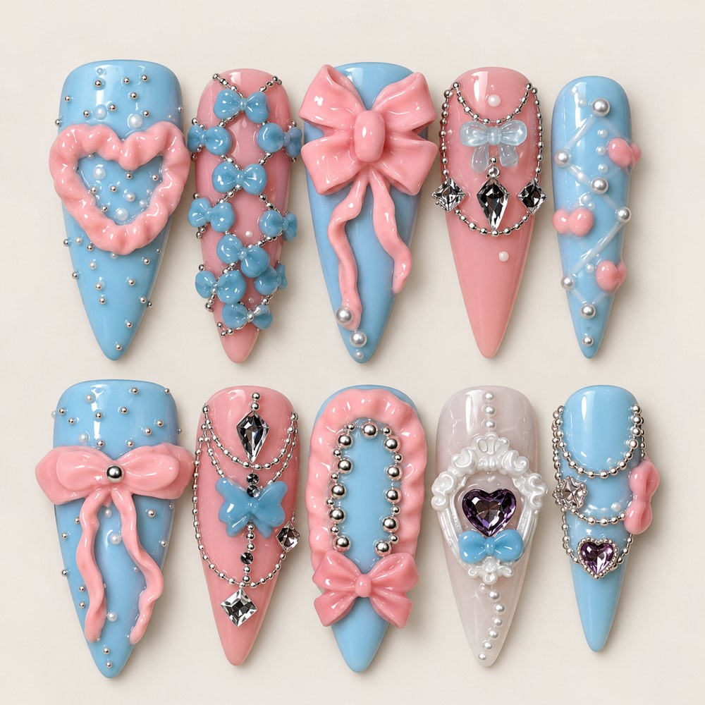 ACEGRIP Azure Bow press-on nails in blue, pink, white, and silver tones, with bow accents, style JH13024